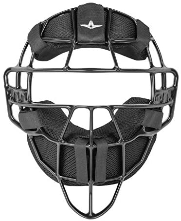 A black baseball catcher 's mask with a strap around the neck.