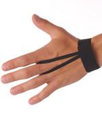 A person wearing a pair of black wrist straps.