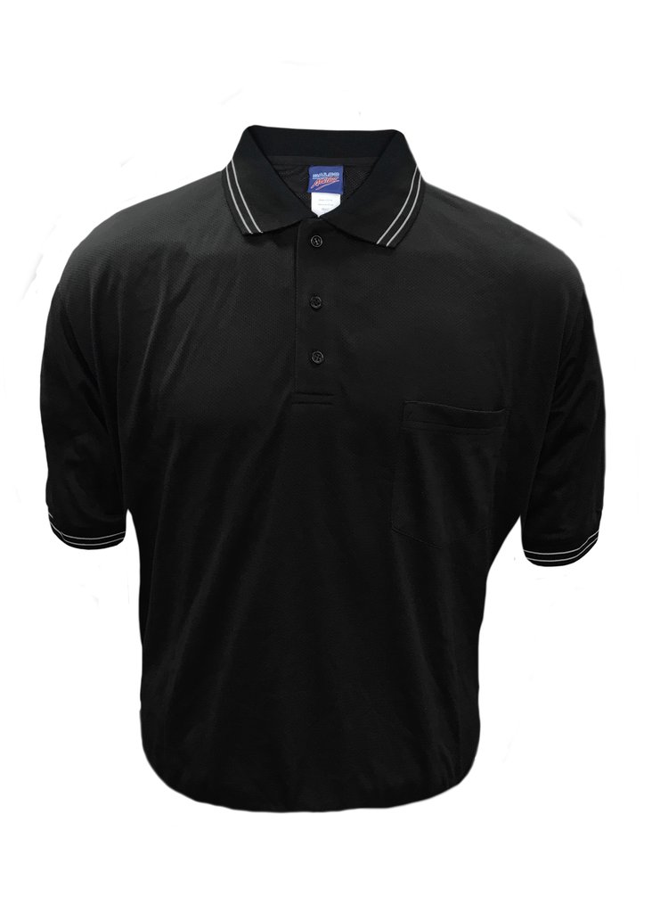 A black shirt with white trim on the collar and sleeves.