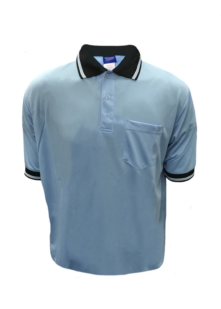 A light blue umpire shirt with black trim.