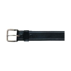 A black leather belt with silver buckle.