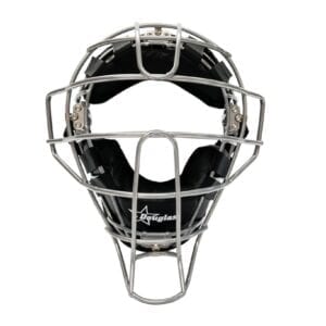 A catchers mask with black pads on top of it.