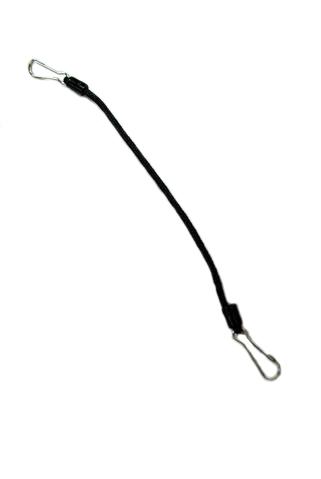 A black lanyard with a silver clip attached to it.