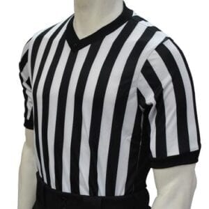 A referee shirt with black and white stripes.