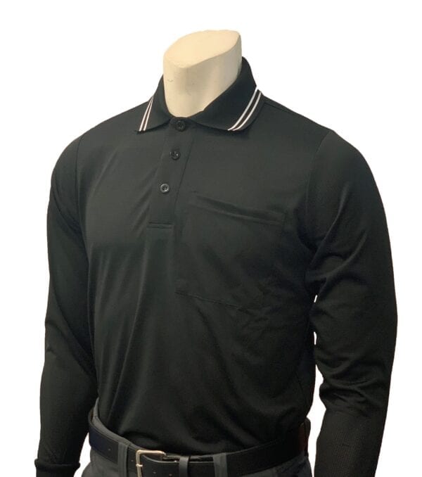 A black long sleeve referee shirt with white trim.