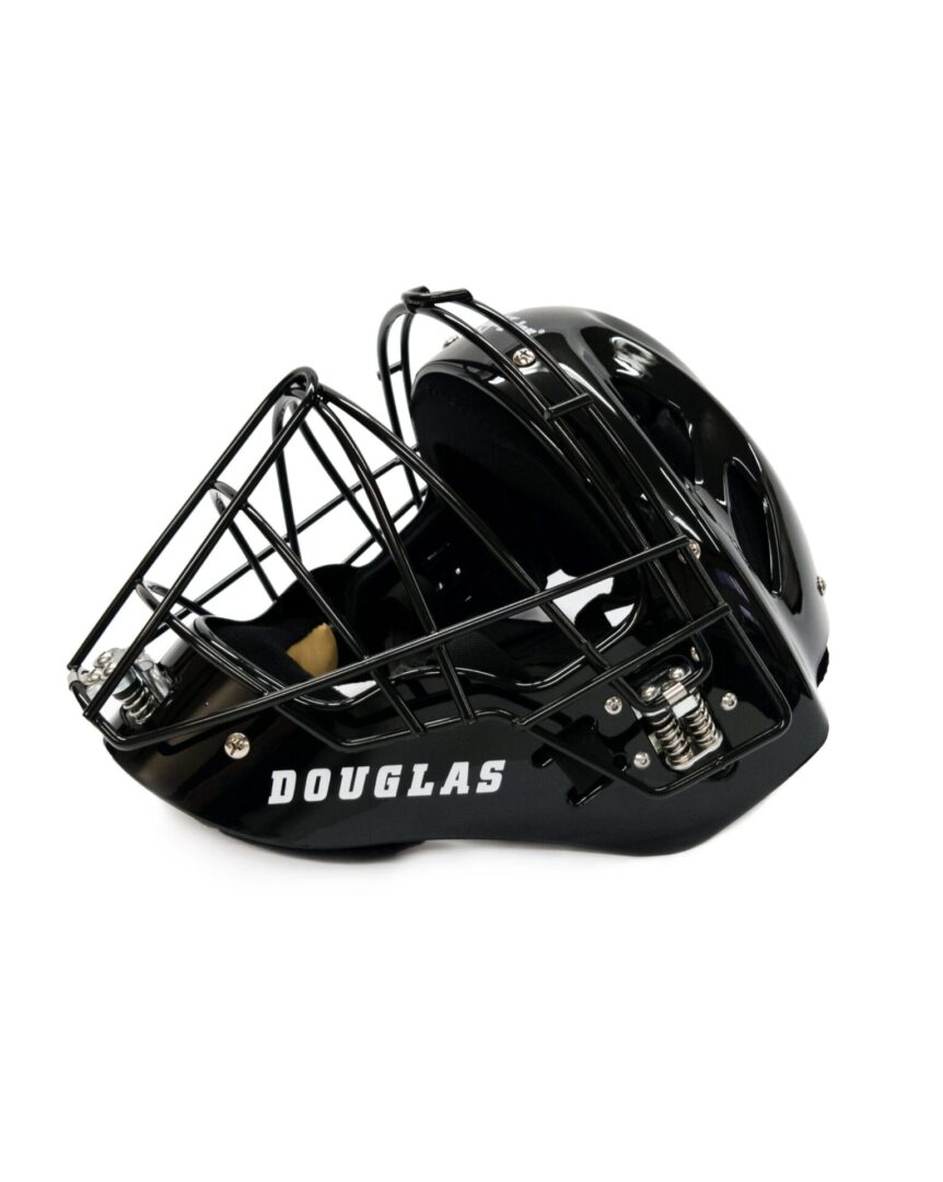 A black helmet with a cage on top of it.