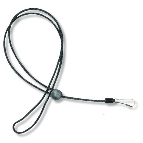 A black lanyard with a white clip attached to it.