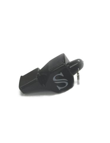A black whistle with the letter s on it.