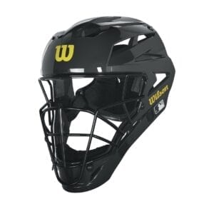 A black baseball helmet with yellow lettering on it.