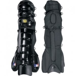 A pair of black shin guards with straps on them.