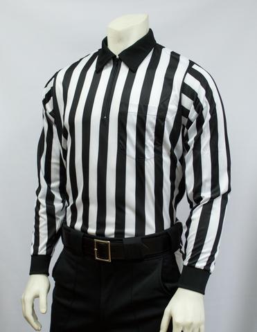 A referee is wearing a black and white striped shirt.