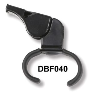 A black plastic whistle with the handle bent.