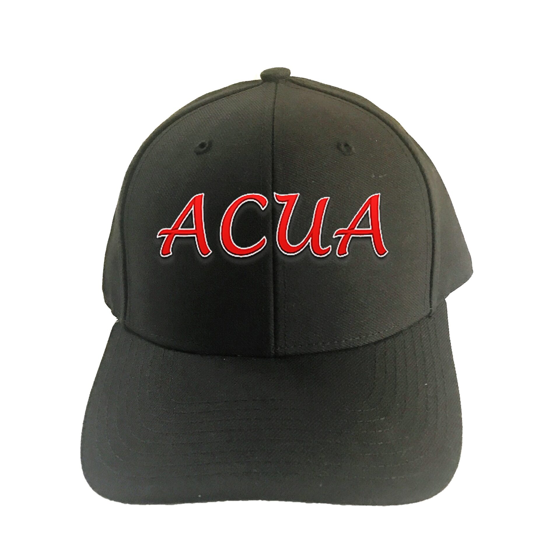 A black hat with the word " agua " embroidered on it.
