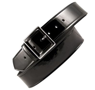 A black belt with a silver buckle on top of it.