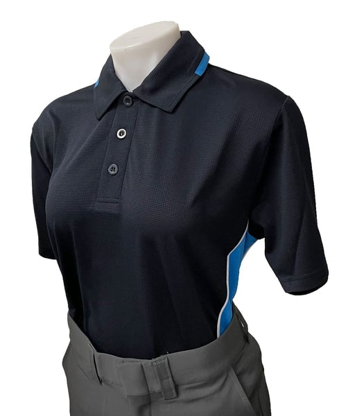 A black polo shirt with blue trim on the side.