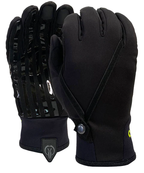 A pair of black ski gloves with a strap around the wrist.