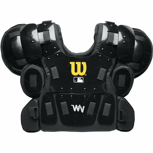 A black umpire 's chest protector with the logo of wilson.