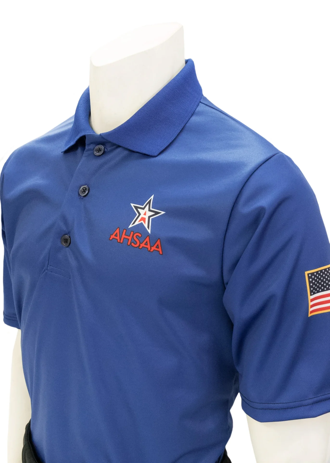 A blue shirt with an american flag on the sleeve.