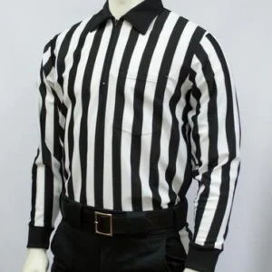 A referee is wearing a black and white striped shirt.