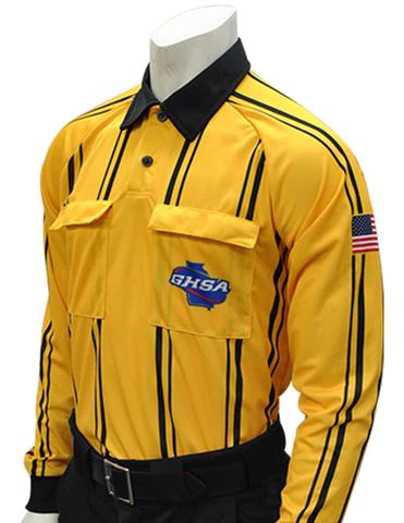 A yellow and black umpire shirt with the logo of nasa.