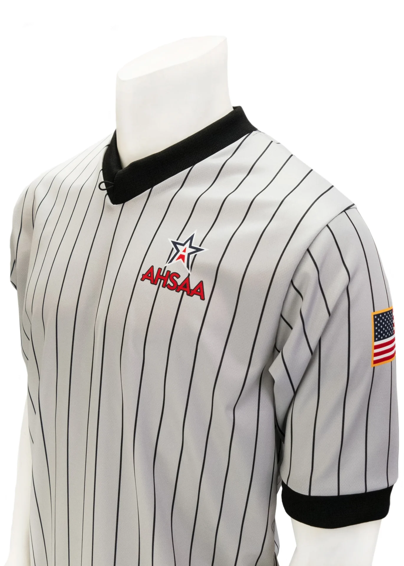 A close up of the chest and collar on an ahsaa baseball uniform.