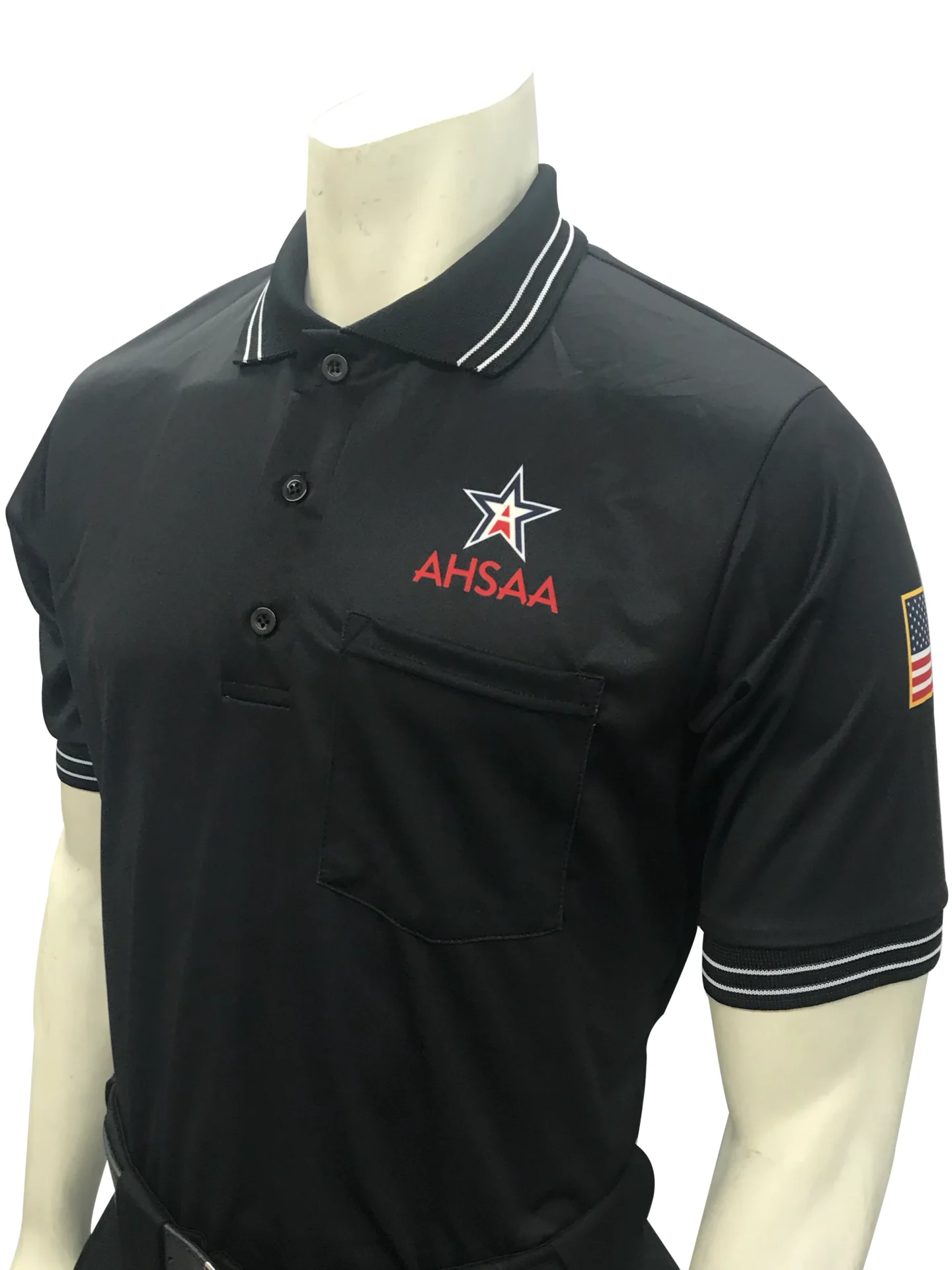 A black umpire shirt with an ahsaa logo on the front.