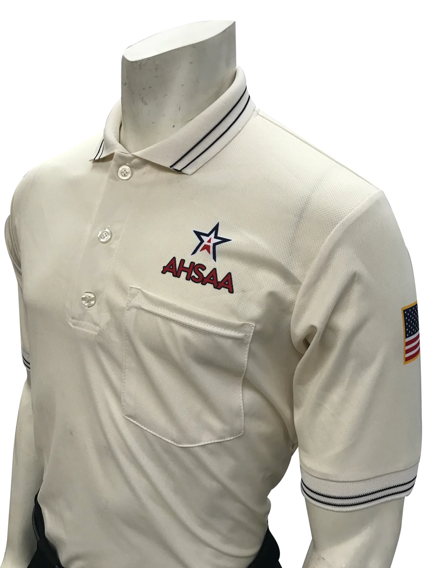 A white shirt with an american flag on the chest.