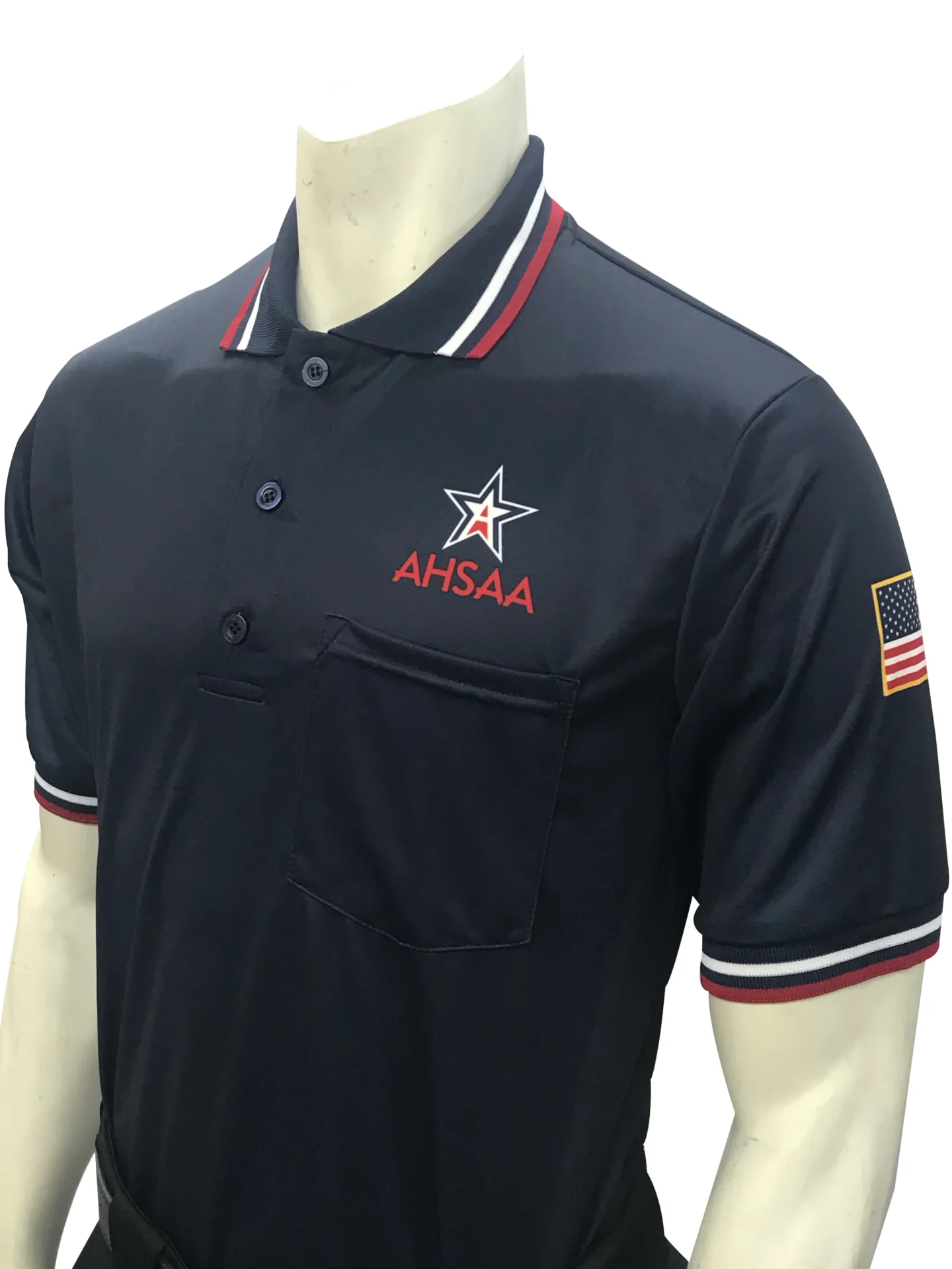 A black umpire shirt with an american flag on the sleeve.
