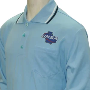 A light blue long sleeve umpire shirt with the ohsa logo on it.