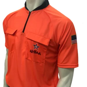 A referee shirt with an american flag on the front.
