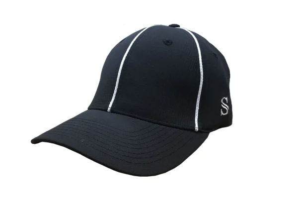 A black baseball cap with white trim on top of it.
