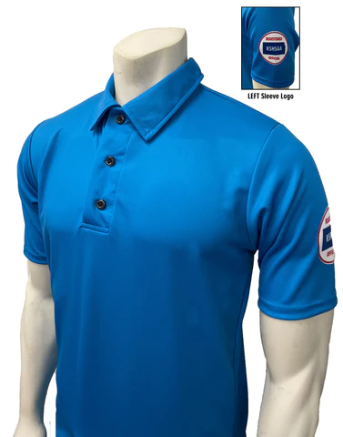 A blue polo shirt with an emblem on the chest.