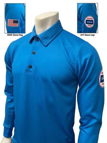 A blue long sleeve shirt with an american flag on the left chest.