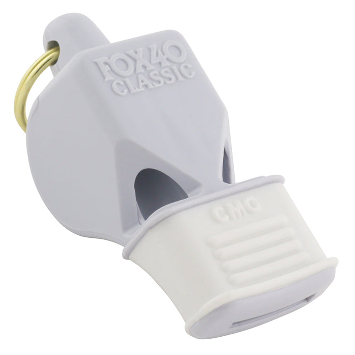 A white plastic whistle with a yellow ring.