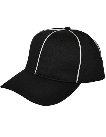 A black baseball cap with white trim on top of it.