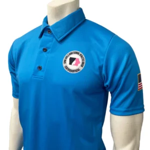 A blue polo shirt with an american flag on the sleeve.