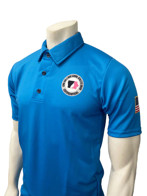 A blue polo shirt with an american flag on the sleeve.