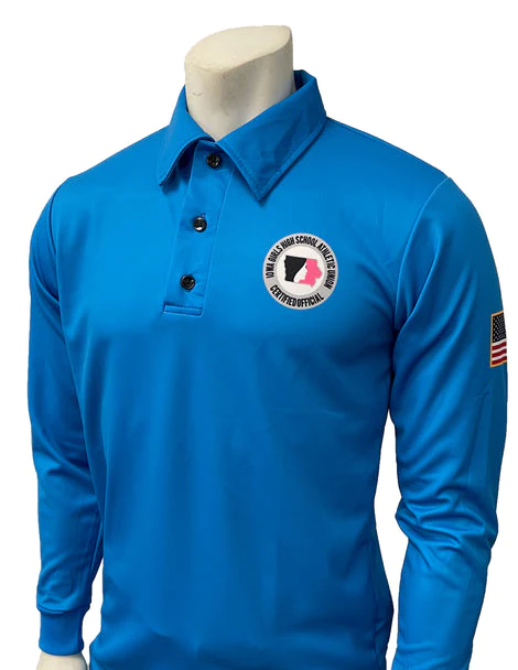 A blue long sleeve shirt with an american flag patch.