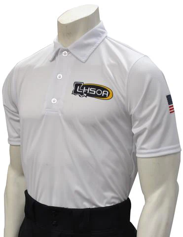 A white umpire shirt with an american flag on the sleeve.