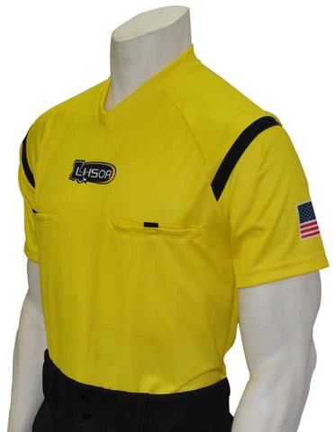 A yellow and black referee shirt with an american flag on the chest.