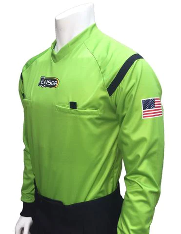 A lime green referee shirt with black trim.