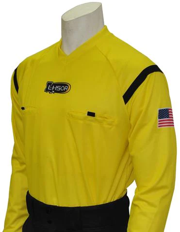 A yellow and black referee uniform with american flag on the chest.
