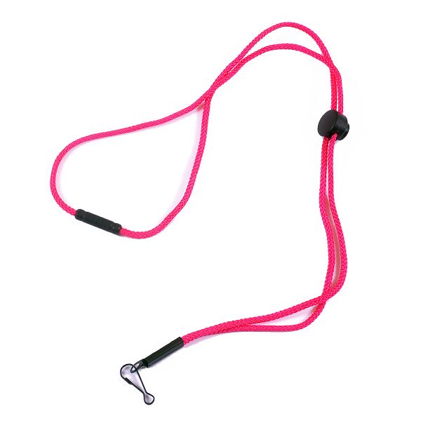 A pink lanyard with a black ball on it.
