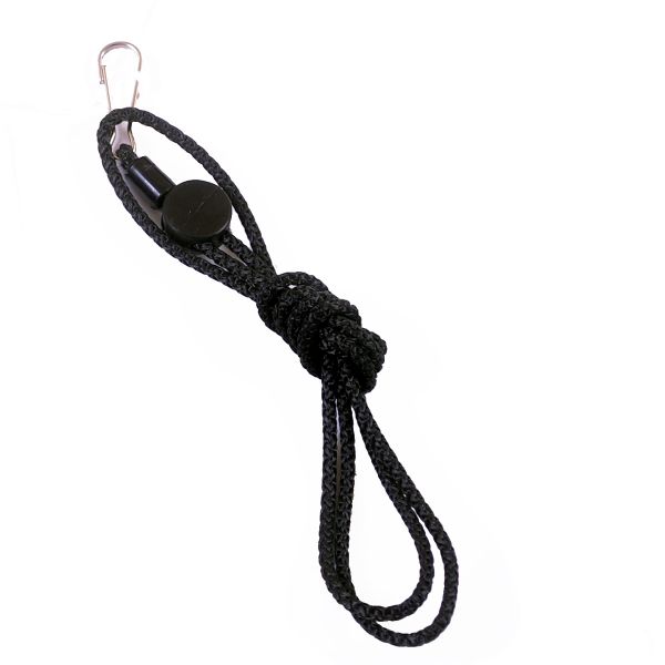A black rope with a metal hook attached to it.