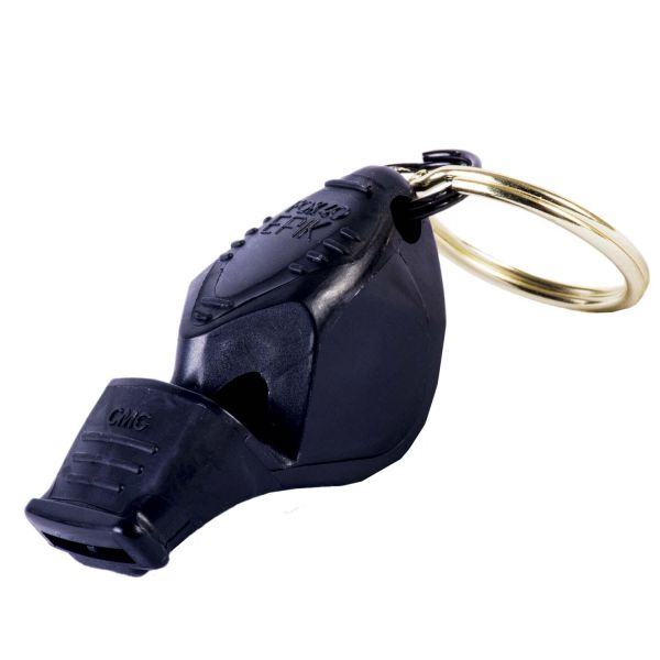 A black plastic whistle with a key ring attached.