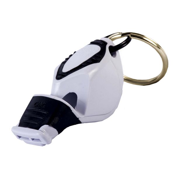 A white and black keychain with a whistle on it.