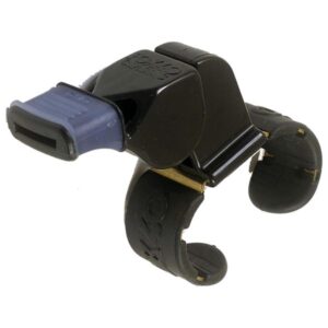A black and blue whistle is on top of a white background