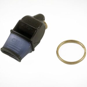 A black and blue whistle with a key ring.
