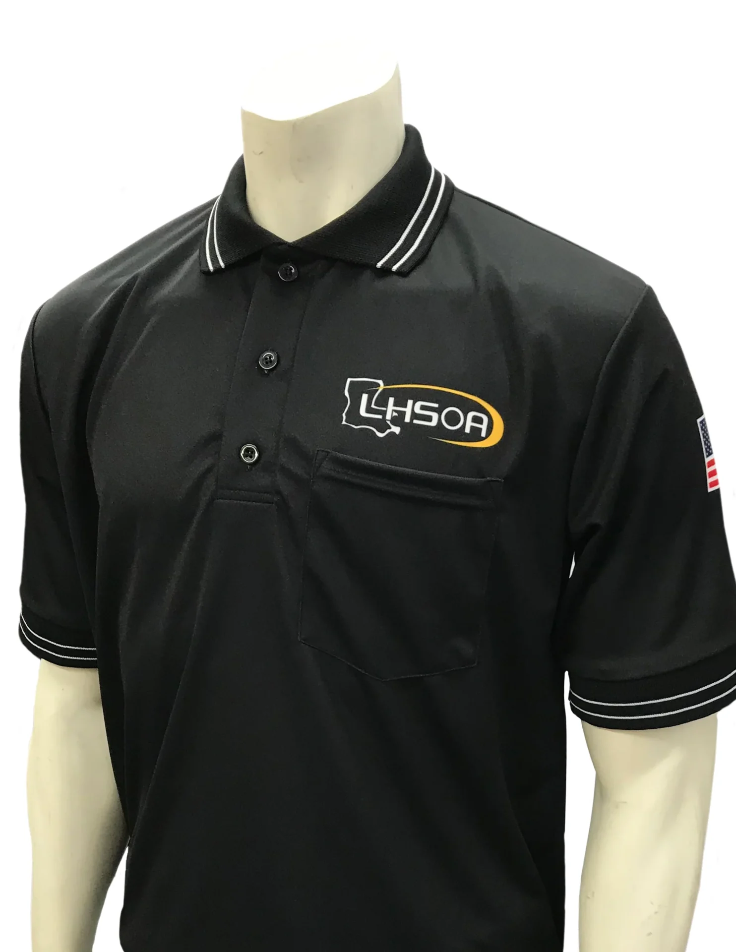 A black shirt with an orange and white logo.