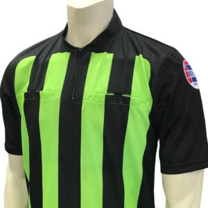 A referee shirt with neon green stripes on it.